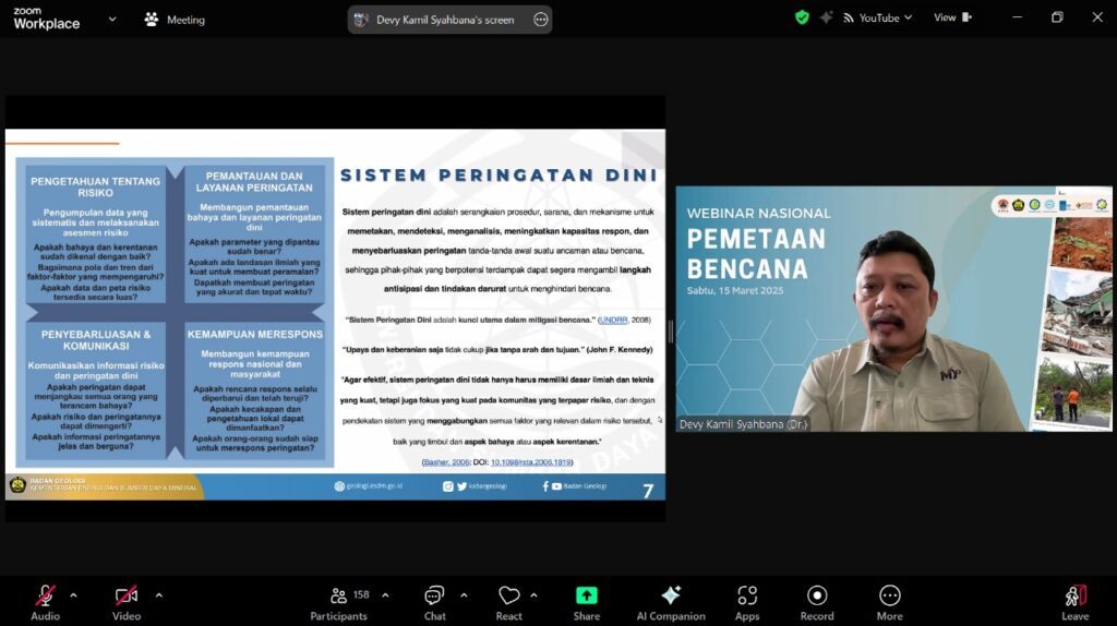 Ketua Tim Instrumentasi, Data, dan Informasi Bencana Geologi, Pusat Vulkanologi dan Mitigasi Bencana Geologi (PVMBG) Dr Devy Kamil Syahbana menjelaskan terkait sistem peringatan dini di Webinar Pemetaan Bencana