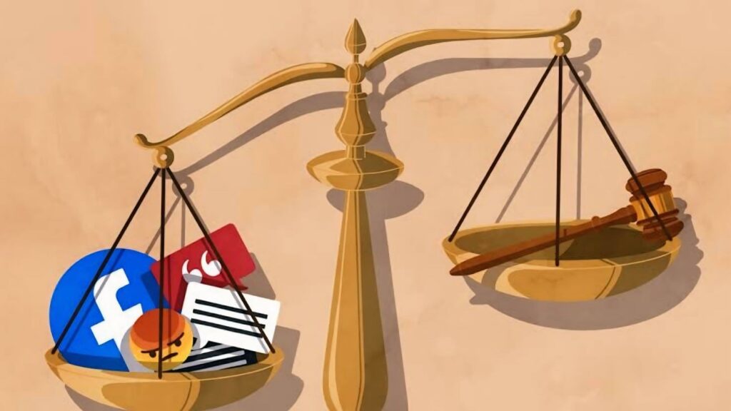 Ilustrasi Trial By Social Media yang menunjukkan bagaimana opini publik di media sosial dapat mendominasi proses hukum