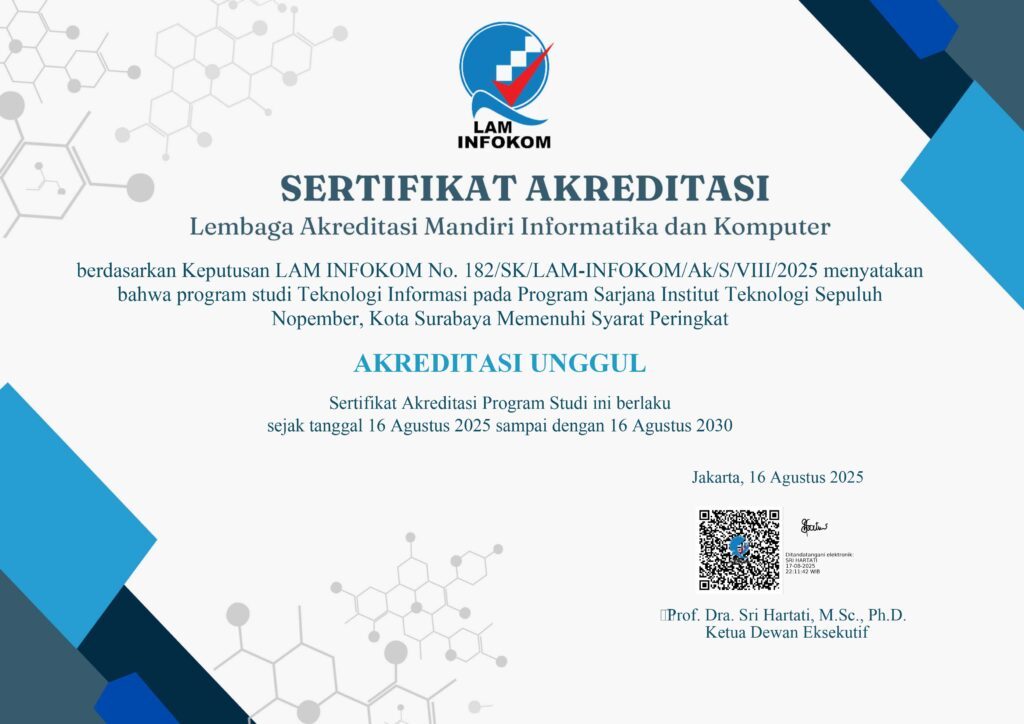 Gambar Salah satu Sertifikat Akreditasi Unggul dari Lembaga Akreditasi Mandiri Informatika dan Komputer (LAM Infokom) yang diberikan kepada program studi (prodi) S-1 Teknologi Informasi ITS