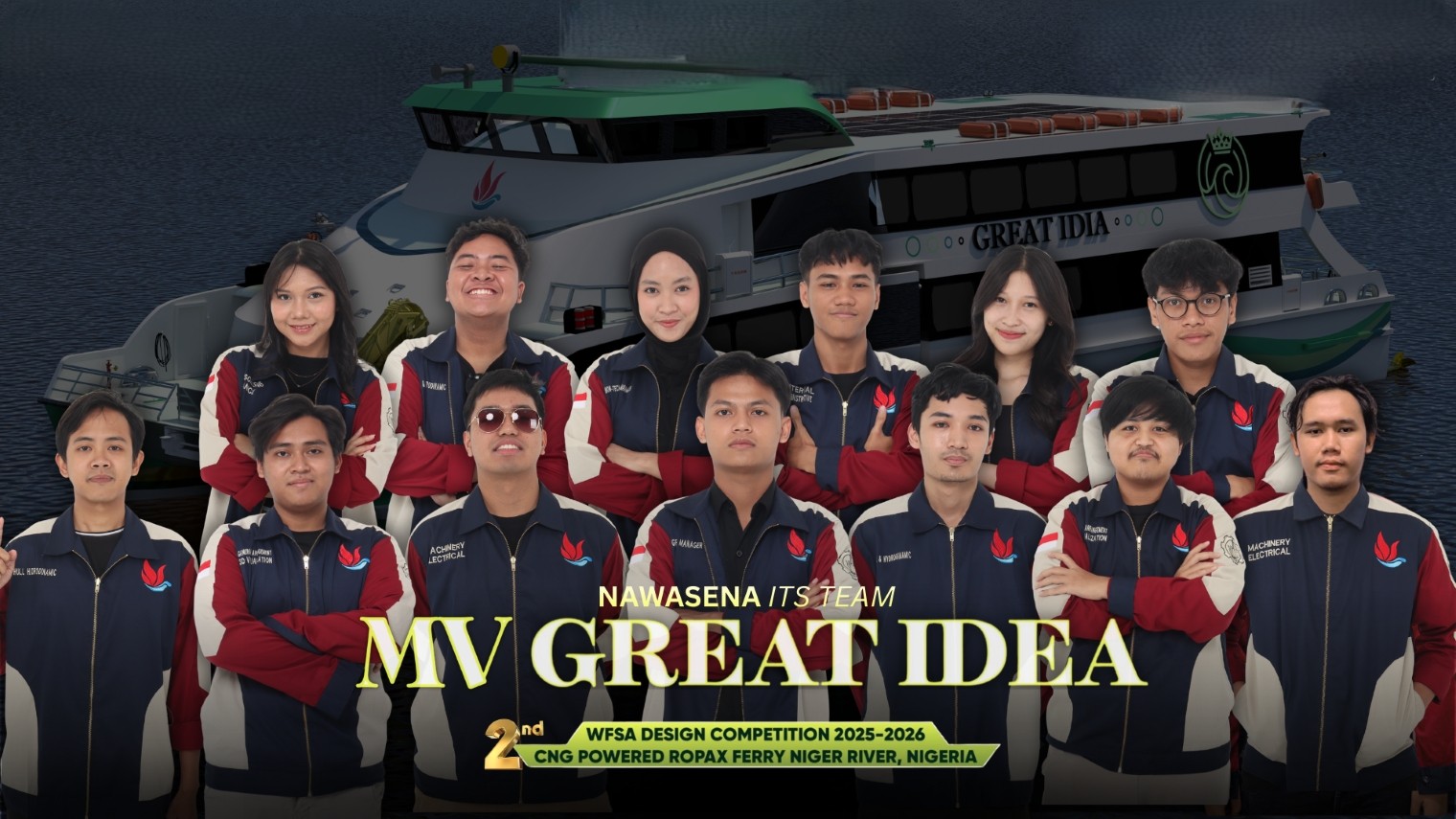 Tim Nawasena ITS yang berhasil menjuarai kompetisi internasional Worldwide Ferry Safety Association (WFSA) 2026 dengan inovasi Kapal MV Great Idia