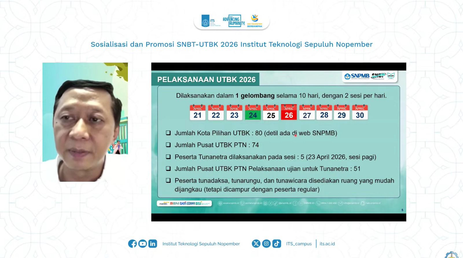 Sekretaris Panitia SNPMB 2026 Bekti Cahyo Hidayanto SSi MKom memaparkan secara daring aturan pelaksanaan UTBK 2026 dalam Sosialisasi SNBT-UTBK ITS 2026