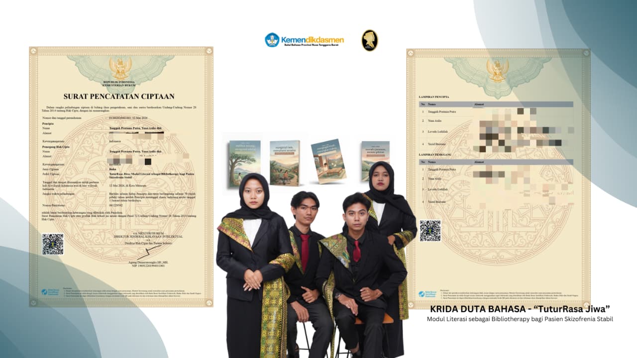 Bukti dedikasi Tangguh Pratama Putra (dua dari kanan) beesama ketiga rekan program kerjanya terhadap inovasi bibliografi TuturRasa Jiwa yang telah didaftarkan pada HAKI