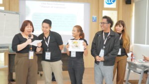 Gambar tim dari peserta ISM ketika sesi games dalam mengenal budaya Indonesia berupa makanan khas Indonesia
