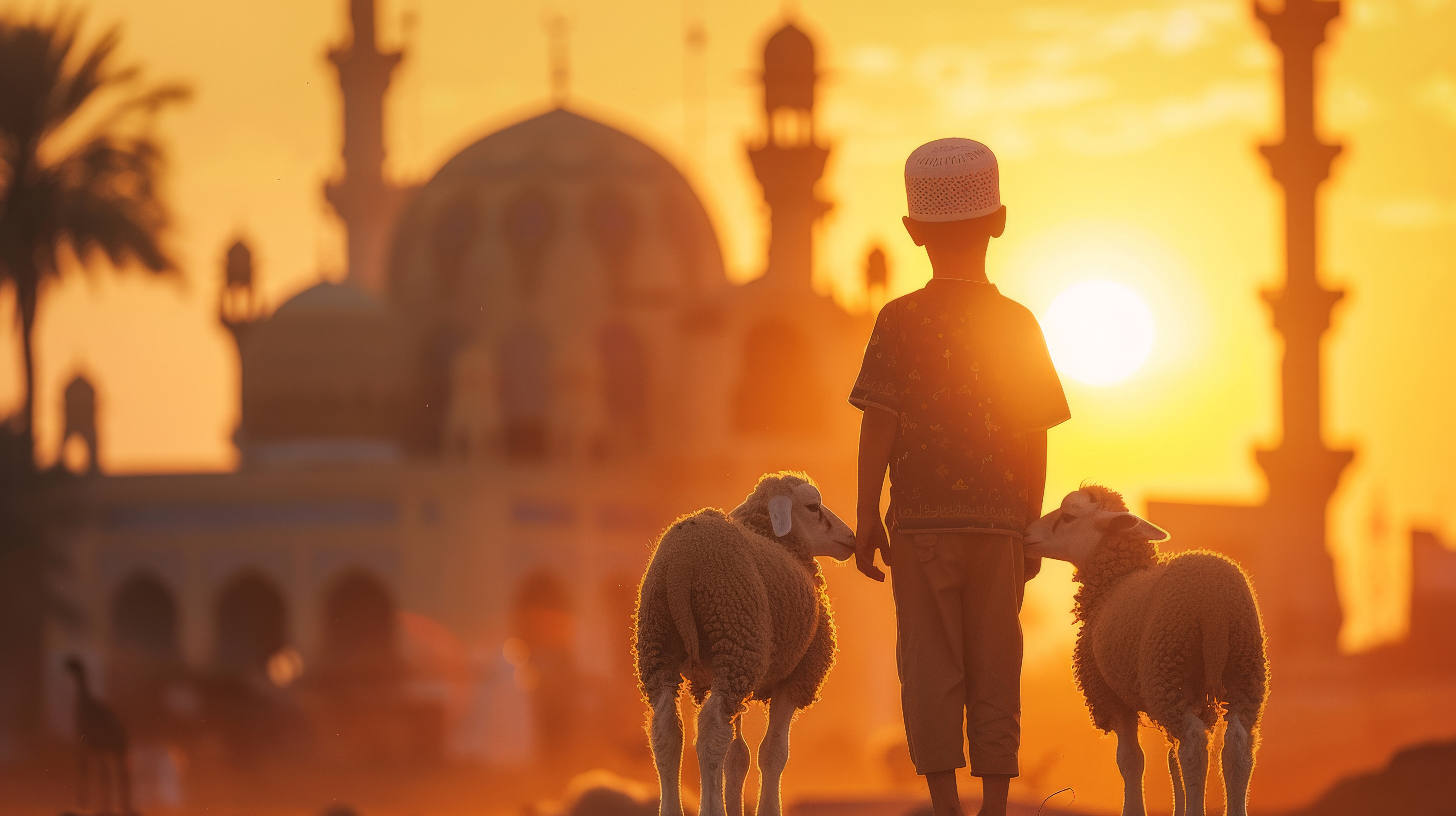 Ilustrarasi Anak Laki-laki Mengantarkan Kambing Kurban ke Masjid saat Perayaan Idul Adha