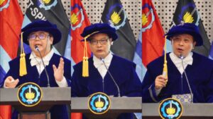 Penyampaian orasi ilmiah oleh (dari kiri) Prof Ir Maria Anityasari ST ME PhD IPU ASEAN Eng, Prof Dr Eng Ir Trika Pitana ST MSc IPU, dan Prof Dr Eng Muhammad Badrus Zaman ST MT