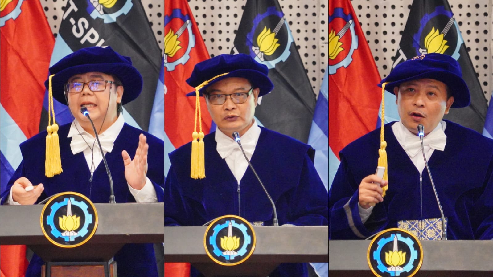 Penyampaian orasi ilmiah oleh (dari kiri) Prof Ir Maria Anityasari ST ME PhD IPU ASEAN Eng, Prof Dr Eng Ir Trika Pitana ST MSc IPU, dan Prof Dr Eng Muhammad Badrus Zaman ST MT