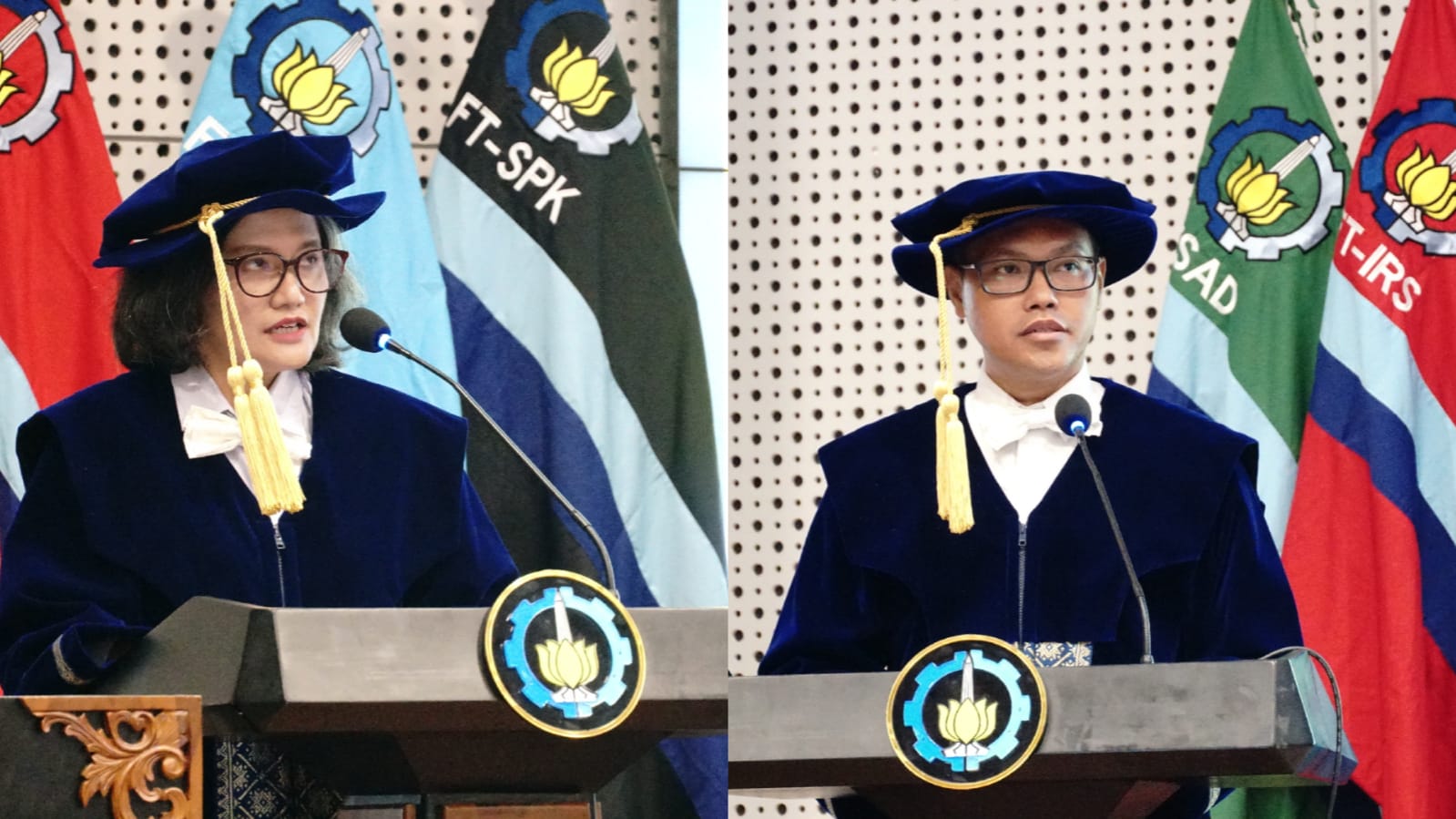 (dari kiri) Prof Dr-Ing Doty Dewi Risanti ST MT dan Prof Ir Ary Mazharuddin Shiddiqi SKom MCompSc PhD yang dikukuhkan sebagai Guru Besar ke-237 dan ke-238 ITS