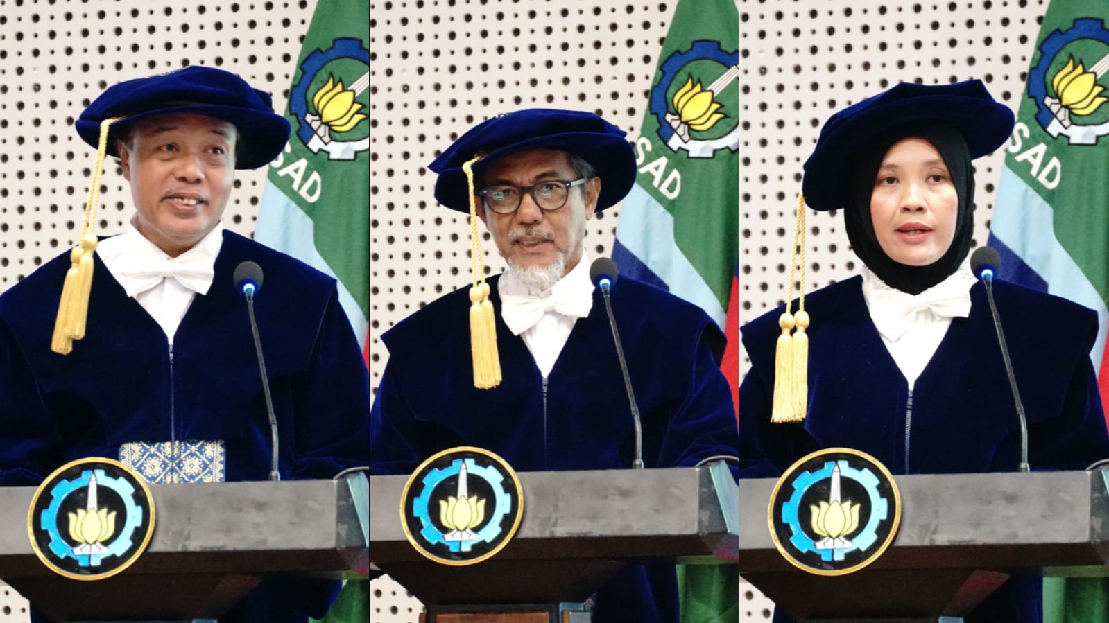 (dari kiri) Prof Dr Sholiq ST MKom MSA, Prof Dr Mahmud Yunus MSi, dan Prof Silvianita ST MSc PhD yang dikukuhkan sebagai Guru Besar ke-239, 240, dan 241 ITS
