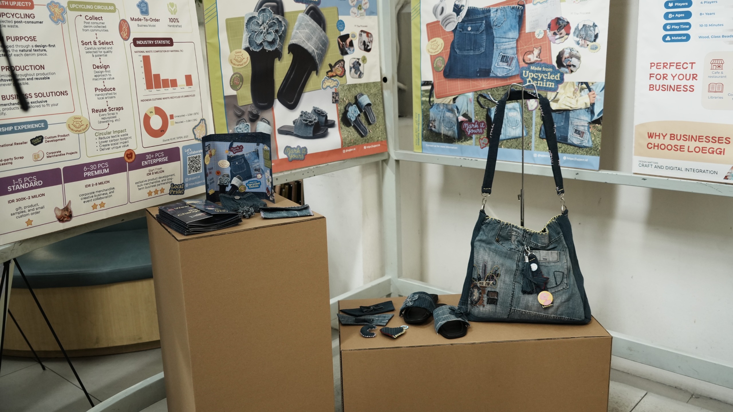 Salah satu hasil karya mahasiswa ITS yang berkolaborasi dengan Upject, Mojokerto berupa tas dan sandal dari sisa bahan konveksi jeans yang ikut dipamerkan
