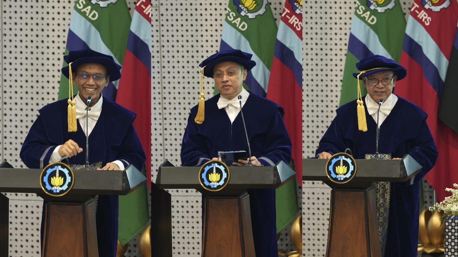(dari kiri) Prof Dedy Dwi Prastyo, Prof Bambang Arip Dwiyantoro, Prof Achmad Mauludiyanto saat sampaikan orasi ilmiahnya dalam pengukuhan Guru Besar ITS