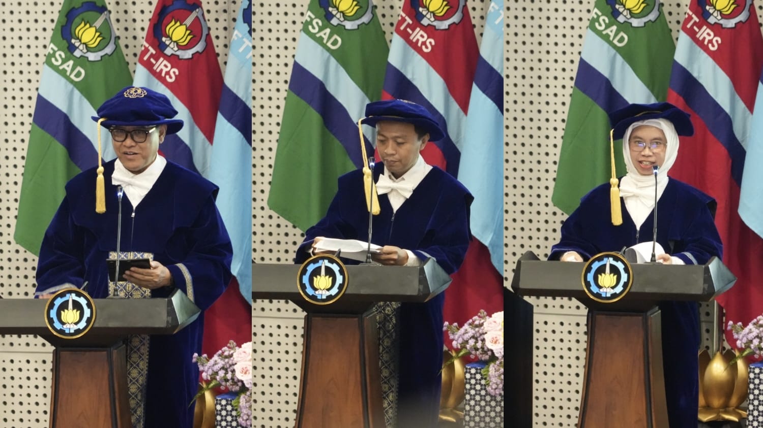 (dari kiri) Prof Syamsul Arifin, Prof Hosta Ardhyananta, dan Prof Ipung Fitri Purwanti mempresentasikan orasi ilmiahnya saat dikukuhkan sebagai Guru Besar ITS