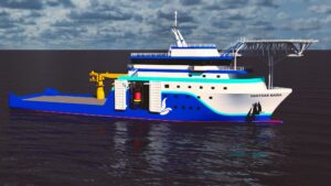 Visualisasi Kapal MV. VANTARA NAWA rancangan Tim Nawasena ITS yang dikembangkan untuk mendukung kebutuhan inspeksi lepas pantai dan operasi bawah laut Indonesia