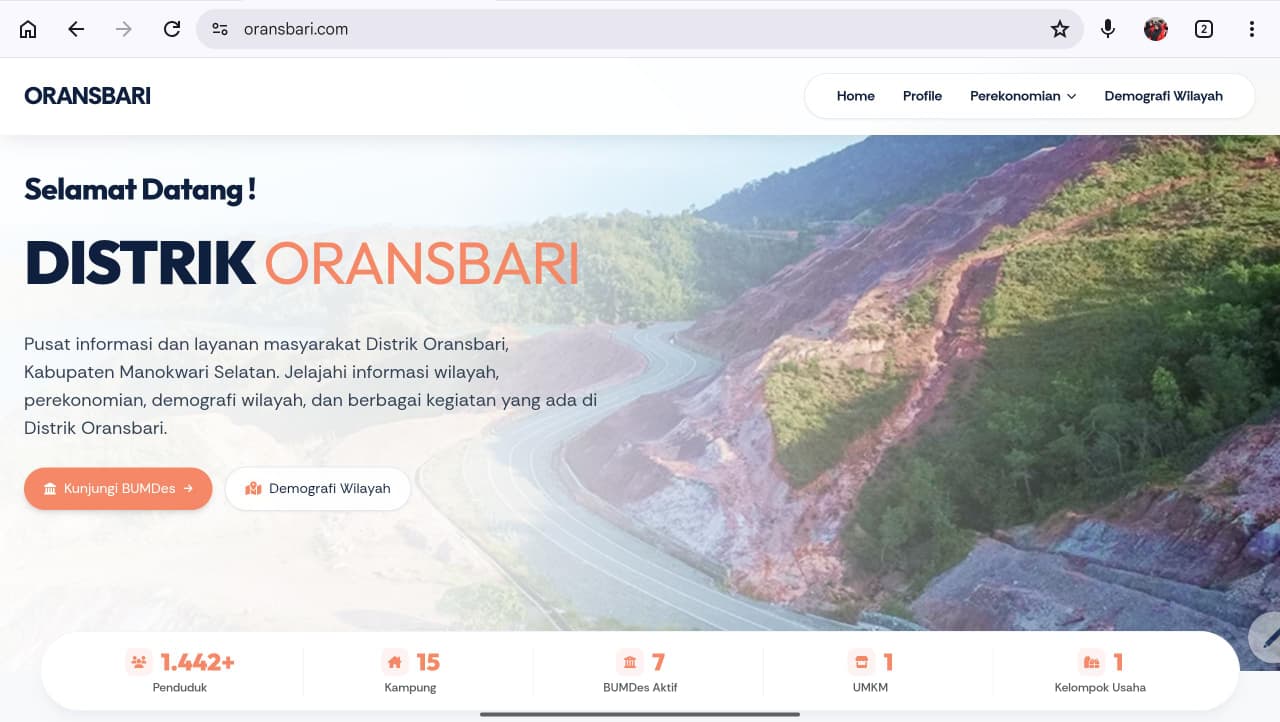 Situs website (oransbari.com) buatan Tim Ekspedisi Patriot (TEP) 10 ITS untuk mengenalkan Distrik Oransbari beserta potensinya