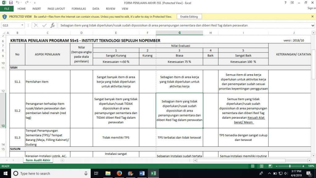 5S + S END ASSESSMENT FORM AND ASSESSMENT GUIDE
