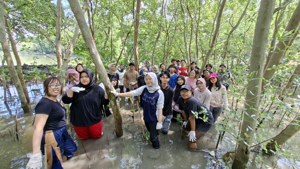 Moments of interaction and tangible actions of students planting mangrove seedlings