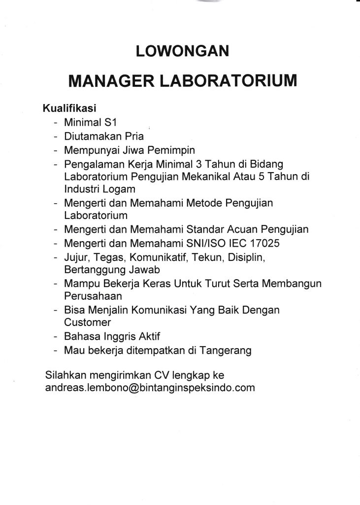 Vacancy for Manager Laboratory Departemen Teknik Material