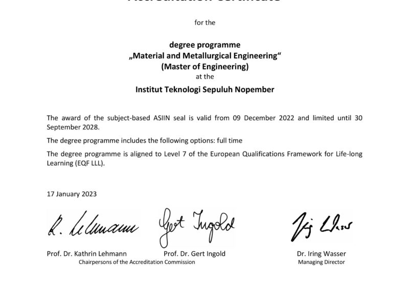 3. ASIIN Certificate Surabaya ITS Master Teknik Material dan Metal 2022 2028 DS