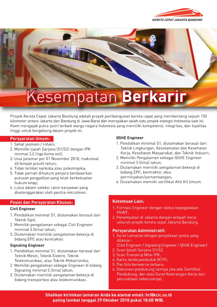 Kesempatan Berkarir Kereta Cepat Jakarta Bandung - Departemen Teknik Sipil