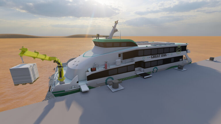 Visualization of cargo unloading using the MV Great Idia crane designed by the ITS Nawasena Team.