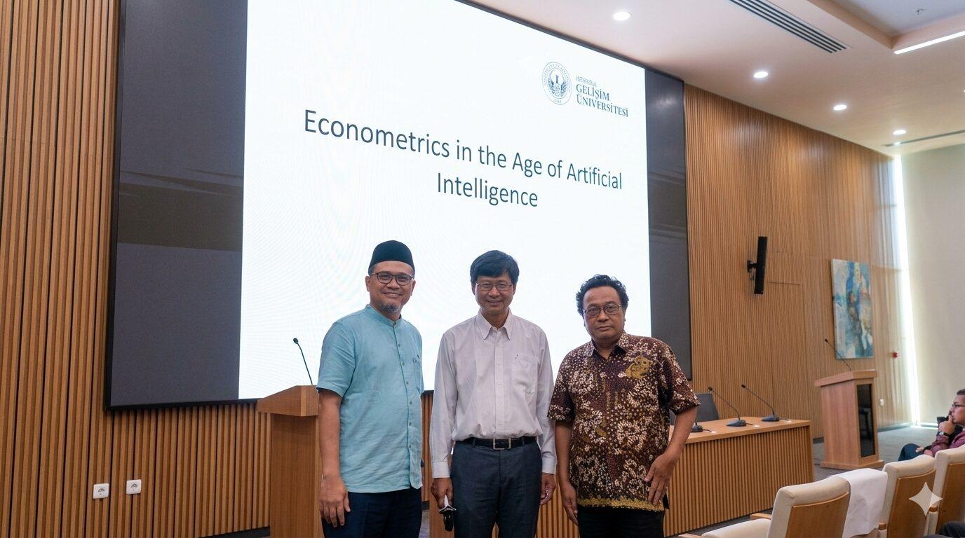 Two lecturers from the Department of Statistics of ITS stand on the left and right sides accompanying Prof. Dr. Anton Abdulbasah Kamil who stands in the middle.