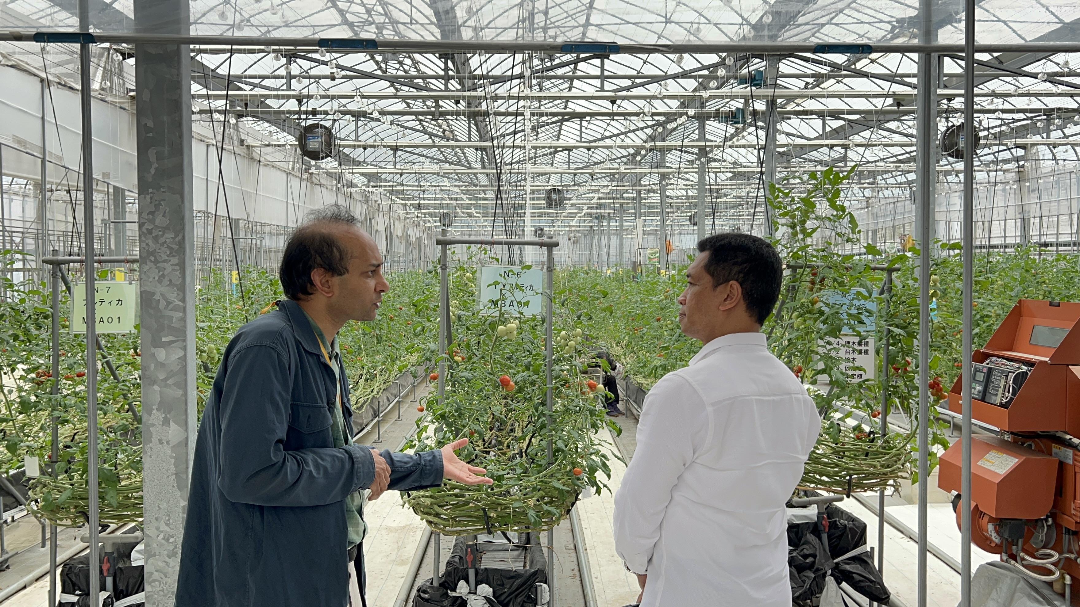 The scene as ITS Rector observes a demonstration of smart agricultural technology developed by Ehime University as part of the joint research consortium with ITS