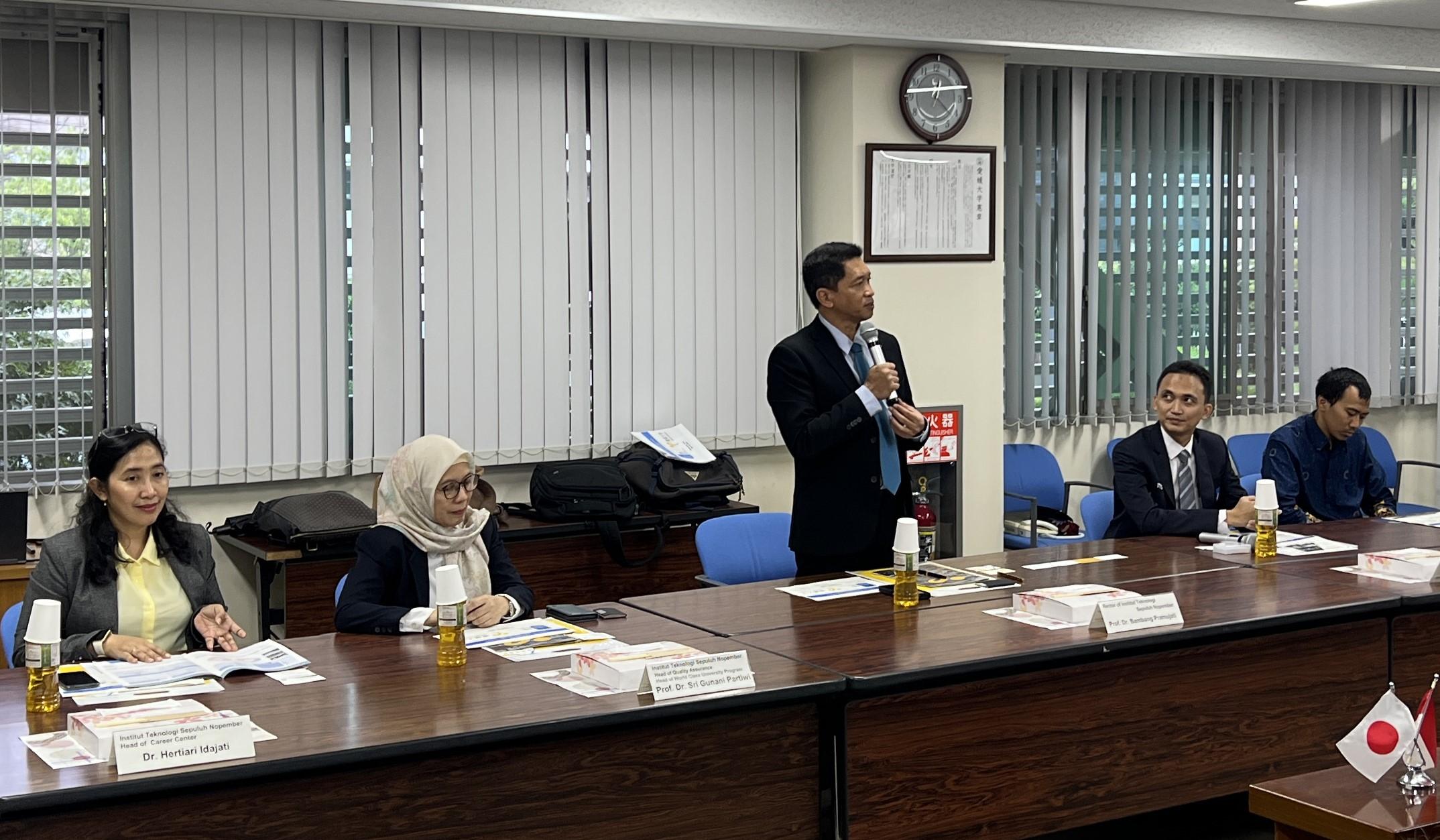 ITS Rector Prof. Bambang Pramujati conveys the strategic vision for strengthening ITS's global reputation during a meeting with Ehime University leadership in Matsuyama, Japan. 