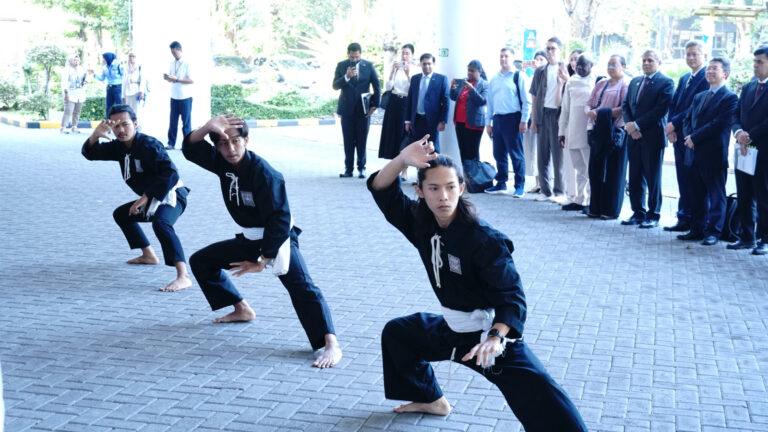 Traditional Pencak Silat martial arts performance as symbolic welcome ceremony for COMSATS international delegates at Institut Teknologi Sepuluh Nopember ITS Rectorate Building