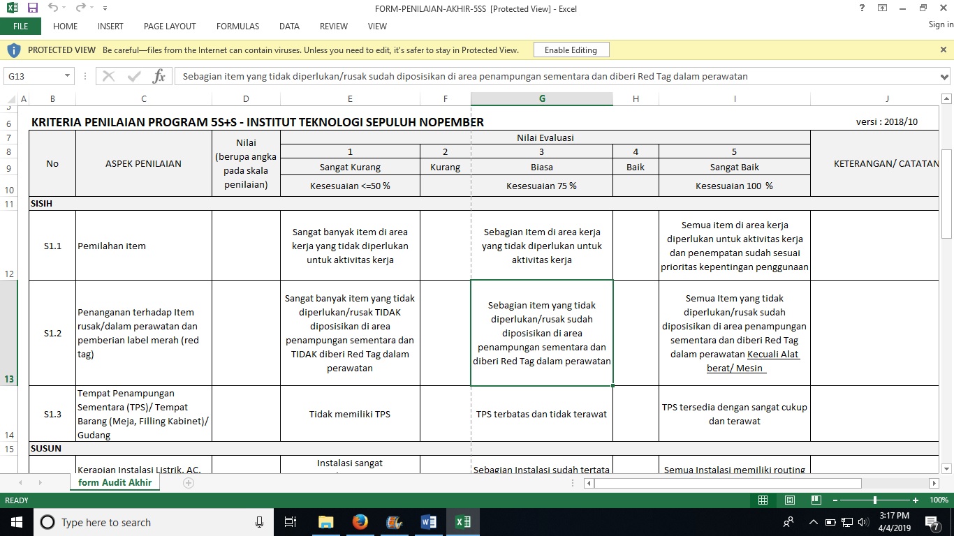 5S + S END ASSESSMENT FORM AND ASSESSMENT GUIDE