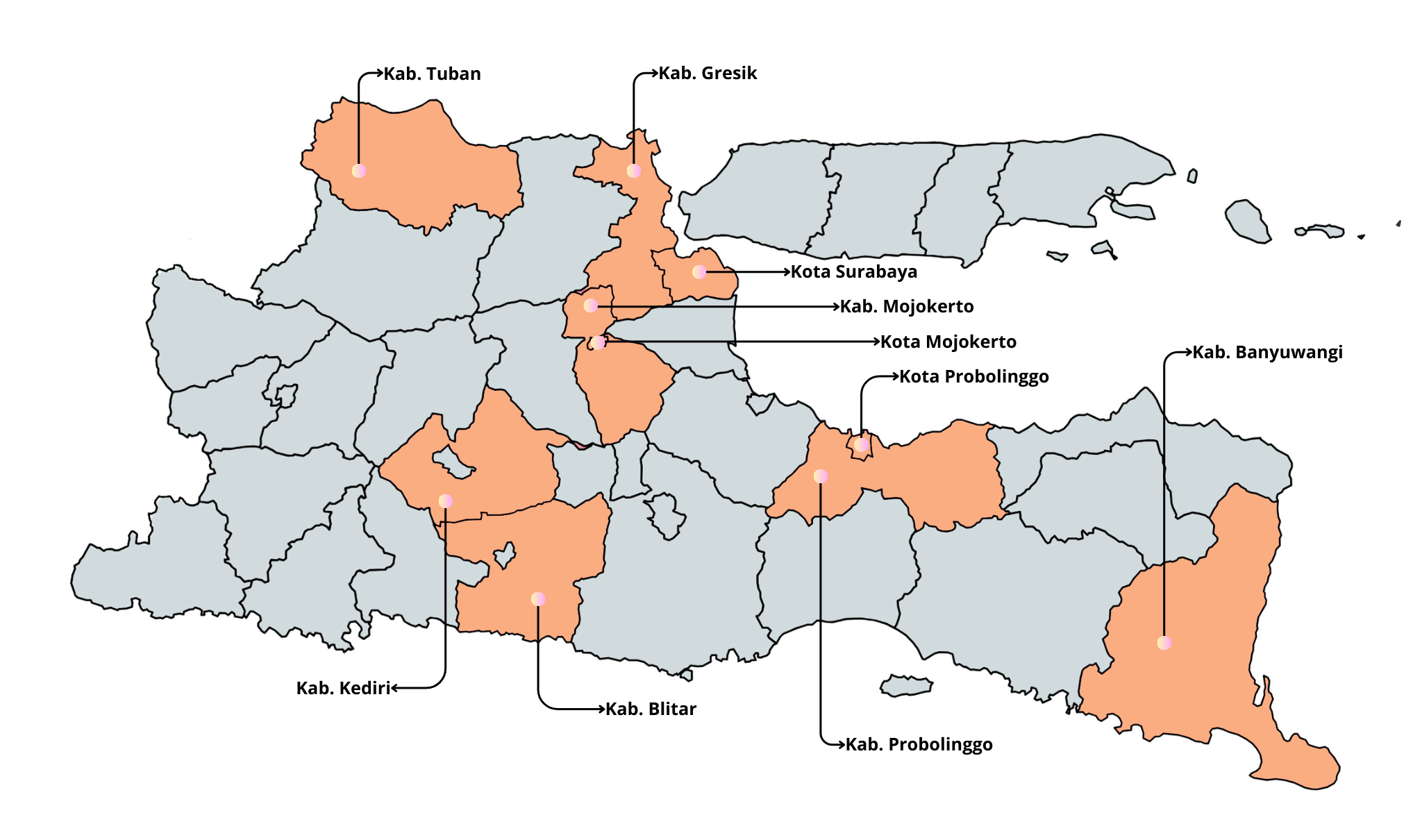 PERSEBARAN WILAYAH KERJASAMA PDPM DI JAWA TIMUR 2023-2024